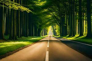 a road in the middle of a forest with trees. AI-Generated photo