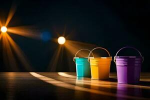 three colorful buckets on a wooden table. AI-Generated photo