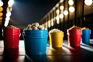 a row of colorful buckets with nuts in them. AI-Generated photo