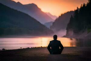 un hombre sentado en meditación por el agua a puesta de sol. generado por ai foto