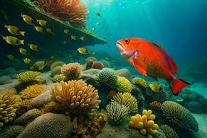 a fish swims over a coral reef with many different types of fish. AI-Generated photo