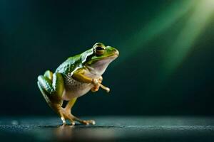 a frog is standing on its hind legs. AI-Generated photo