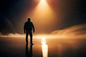 un hombre en pie en el agua a noche con un brillante ligero brillante en a él. generado por ai foto