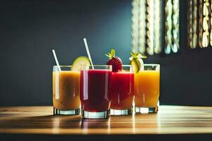 four different types of juices are lined up on a table. AI-Generated photo