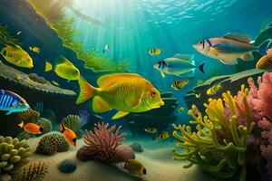 an underwater scene with many fish and coral. AI-Generated photo