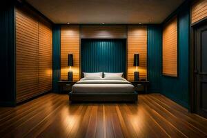 a bedroom with wooden floors and blue walls. AI-Generated photo