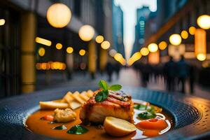 un plato de comida sentado en un calle a noche. generado por ai foto