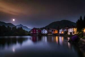 foto fondo de pantalla el luna, noche, lago, casas, montañas, aldea, luna, luz de la luna. generado por ai