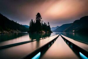 a long exposure photo of a lake with a long bridge. AI-Generated