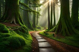 a path through a green forest with trees and moss. AI-Generated photo