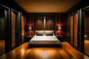 a bedroom with wooden floors and dark walls. AI-Generated photo