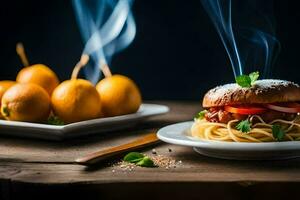 a burger with spaghetti and lemons on a table. AI-Generated photo