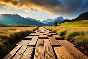 a wooden walkway leads to a mountain range. AI-Generated photo