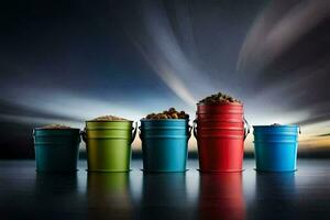 five buckets of different colored food on a table. AI-Generated photo