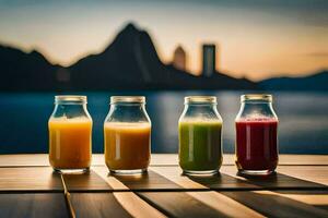 four different juices in glass bottles on a table. AI-Generated photo