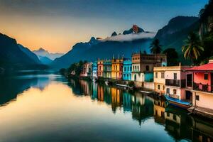 colorful houses on the banks of a river at sunset. AI-Generated photo