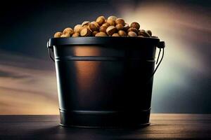 a bucket full of nuts on a table. AI-Generated photo