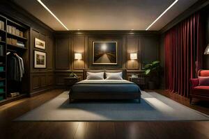 a bedroom with dark wood paneling and a bed. AI-Generated photo