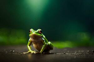 a frog sitting on the ground in front of a green background. AI-Generated photo