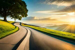 a winding road with grass and trees in the background. AI-Generated photo