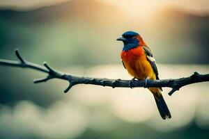 a colorful bird sits on a branch in front of the sun. AI-Generated photo