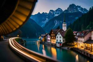 a town with a river and mountains in the background. AI-Generated photo