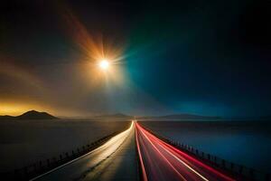 a long exposure photo of a road with a bright light shining on it. AI-Generated