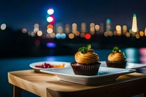 two cupcakes sit on a table in front of a city skyline. AI-Generated photo
