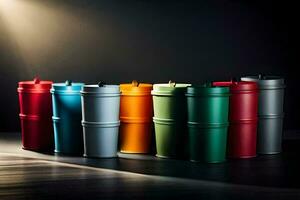 a row of colorful plastic containers on a dark surface. AI-Generated photo