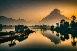 un lago y un montaña a puesta de sol. generado por ai foto