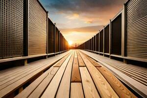 a wooden walkway with a sunset in the background. AI-Generated photo