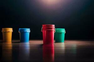 a row of colorful plastic buckets on a wooden floor. AI-Generated photo