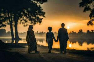 Tres personas caminar a lo largo un camino a puesta de sol. generado por ai foto