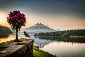 el pájaro es encaramado en el flor maceta. generado por ai foto