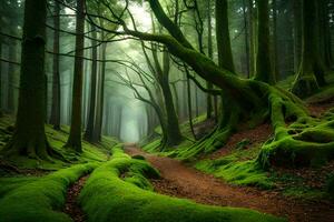 a path through a green forest with mossy trees. AI-Generated photo