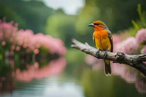 a colorful bird sits on a branch near water. AI-Generated photo
