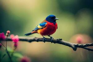 a colorful bird sits on a branch. AI-Generated photo