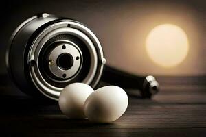 two eggs sit on top of a black and silver metal object. AI-Generated photo