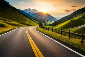 a road in the mountains with the sun setting. AI-Generated photo