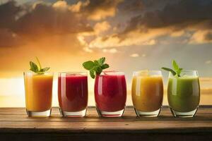 five different types of smoothies in glasses on a table. AI-Generated photo