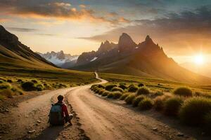 a man with a backpack sitting on the road in the middle of the desert. AI-Generated photo