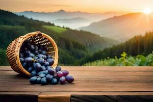grapes in a basket on a wooden table with mountains in the background. AI-Generated photo