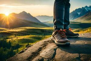 un persona en pie en un rock con su Zapatos en. generado por ai foto