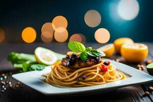 spaghetti with chicken and tomatoes on a plate. AI-Generated photo