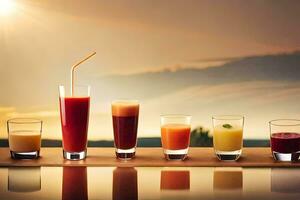 a row of different juices on a table. AI-Generated photo