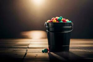 a bucket filled with colorful candy. AI-Generated photo