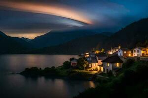 un pueblo es iluminado arriba a noche por un nube. generado por ai foto