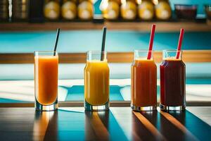 four glasses of juice on a bar. AI-Generated photo