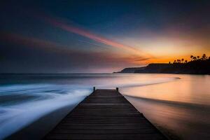 a long exposure photograph of a pier at sunset. AI-Generated photo