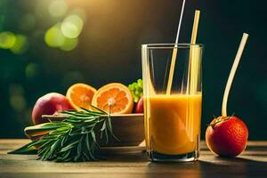 a glass of orange juice with a straw and an apple. AI-Generated photo
